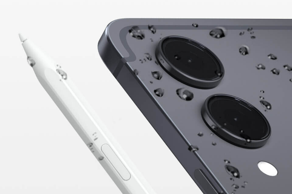 Zbliżenie na Galaxy Tab S11 Ultra i rysik S Pen z kroplami wody na powierzchni urządzeń, co potwierdza ich wodoodporność zgodną ze standardem IP68, co zapewnia im dodatkową wytrzymałość w codziennych warunkach.