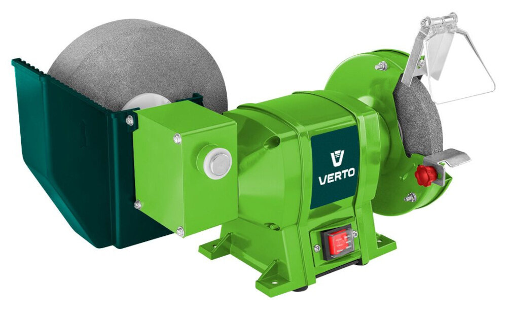 Szlifierka stołowa VERTO 51G452 mocna wytrzymała do użytku w małych warsztatach w domowych garażach mocna solidna podstawa współpracuje z tarczami o średnicy 150 mm i 200 mm zamocowane prostopadle względem siebie do stacjonarnego szlifowania elementów metalowych na sucho i na mokro zgodne z europejskimi standardami bezpieczeństwa certyfikat CE