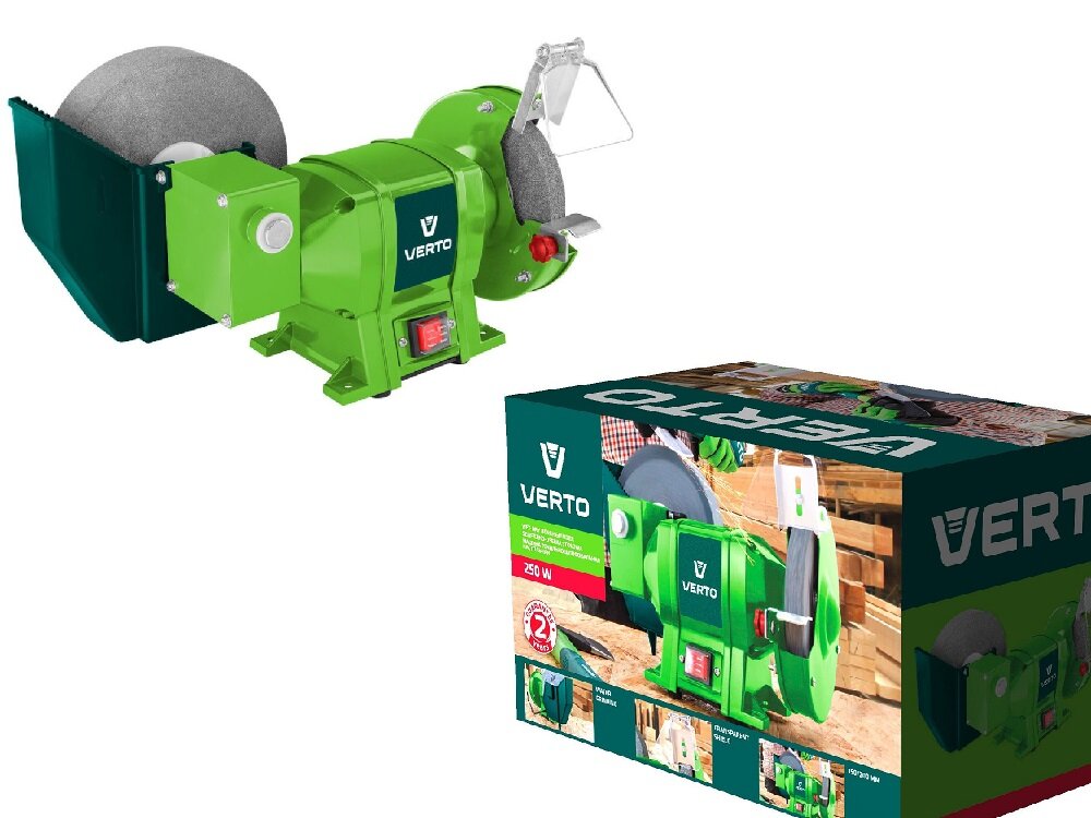 Szlifierka stołowa VERTO 51G452 silnik moc 250 W maksymalna prędkość obrotowa do 2950 obr/min włącznik z gumową osłoną osłona pojemnik na wodę do pracy na mokro