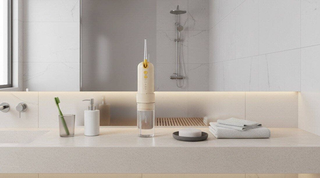 Irygator JIMOK S2 Pro Cappuccino prezentacja design wizualizacja wygląd Komfort higieny w każdej sytuacji Zadbaj o zdrowie jamy ustnej