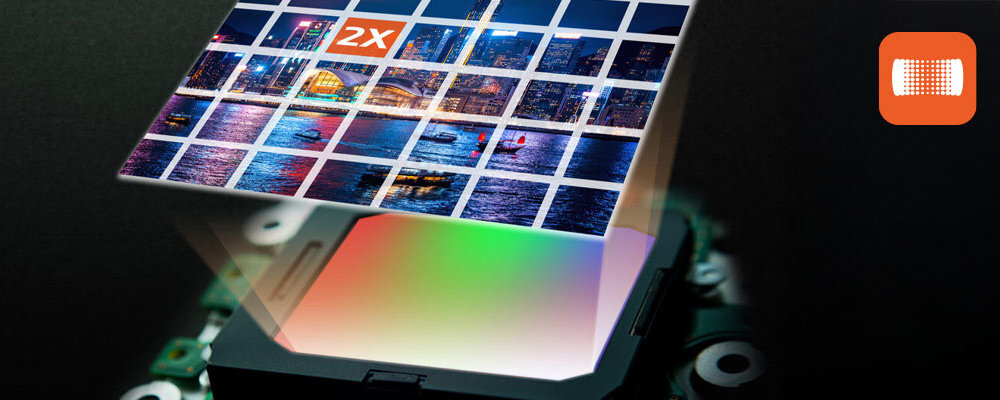 MIO MiVue 956W zaawansowanemu sensorowi 1,7 raza większy niż standardowy jasne nagrania ostrością i naturalnymi, żywymi kolorami MiVue™ 956W - ilustracja technologii przetwarzania obrazu z podziałem na piksele