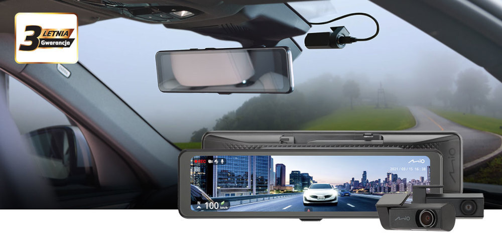 MIO MiVue R860WD - wideorejestrator na tle szyby auta