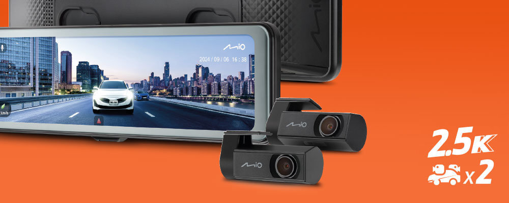 MIO MiVue R860WD Dwie kamery rozdzielczości 2.5Kczujnikiem ADAS regulacja kąta nagrywania Ekran o przekątnej 11,26 cala - kamery z wyświetlaczem na pomarańczowym tle