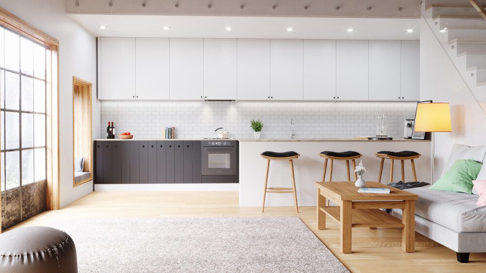 OKAP GLOBALO RETIO 60.2 BLACK Kuchnia z białymi szafkami, ciemnym dolnym frontem, kafelkami typu metro oraz zintegrowanym salonem. Przy blacie stoją trzy hokery, w salonie znajduje się sofa, stolik i lampa wydajność 525 m3/h usuwanie pary wodnej eliminacja tłuszczu usuwanie zapachów świeże powietrze okap do zabudowy mocny okap intensywne gotowanie brak zapachów w domu czyste lekkie powietrze