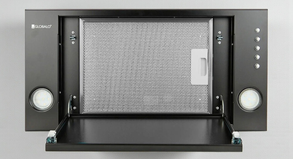 OKAP GLOBALO RETIO 60.2 BLACK Czarny okap podszafkowy marki Globalo, z widocznym metalowym filtrem i dwoma lampkami LED po bokach. Po prawej stronie panel sterowania z kilkoma przyciskami filtr aluminiowy tłuste cząsteczki ochrona mebli ochrona ścian nalot filtr węglowy neutralizacja zapachów tryb pochłaniacza świeże powietrze czysta kuchnia pachnąca kuchnia mniej sprzątania filtracja powietrza