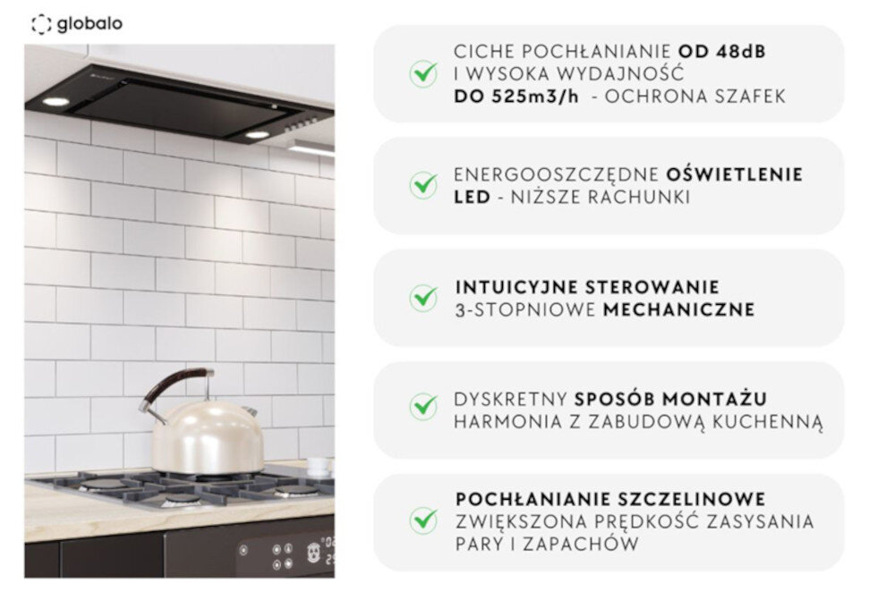 OKAP GLOBALO RETIO 60.2 BLACK Fragment kuchni z płytą gazową, czajnikiem i okapem podszafkowym. Na boku widnieje lista zalet okapu: cicha praca, energooszczędne LED, łatwa obsługa, dyskretny montaż, skuteczne pochłanianie