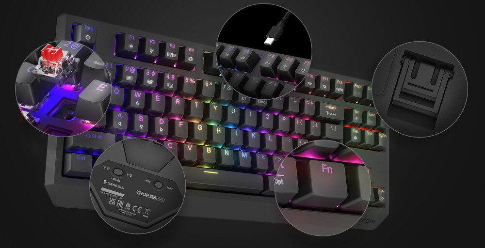 Klawiatura GENESIS Thor 230 TKL kanał na ułożenie przewodu rozkładane nóżki klawisza FN