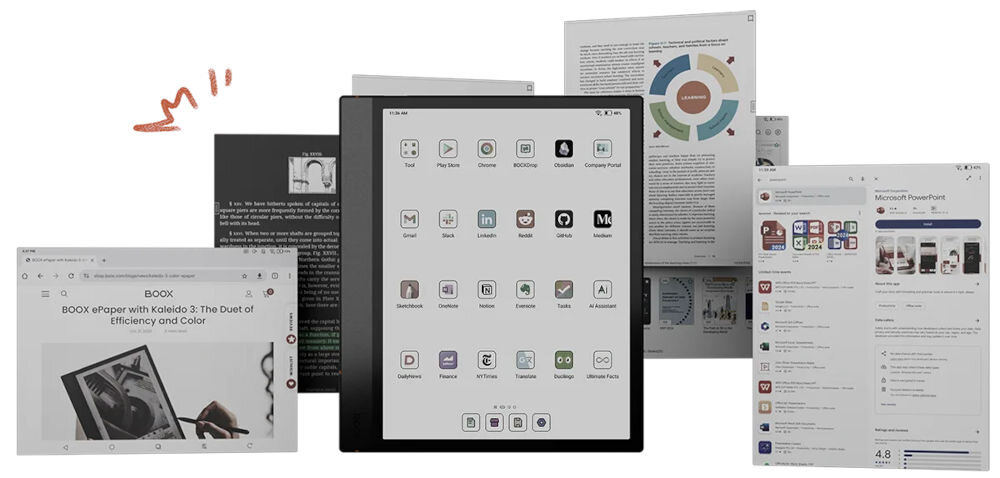 Czytnik e-booków ONYX BOOX Note Air 4 C 10.3 cala, Podświetlany ekran, Wi-Fi, Bez reklam Czarny prezentacja czytnika od przodu na białym tle obok otwarte karty z różnymi stronami i aplikacjami notatnik elektroniczny rozmiar przekątna E Ink przestrzeń do komfortowego tworzenia efektywna organizacja