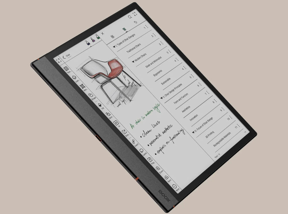 Czytnik e-booków ONYX BOOX Note Air 4 C 10.3 cala, Podświetlany ekran, Wi-Fi, Bez reklam Czarny prezentacja urządzenia pod kątem na jasnym beżowym tle z włączonym ekranem procesor szybkie działanie aplikacji dokumentów pamięć Android 13 dostęp do szerokiej gamy narzędzi