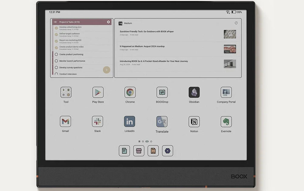 Czytnik e-booków ONYX BOOX Note Air 4 C 10.3 cala, Podświetlany ekran, Wi-Fi, Bez reklam Czarny prezentacja ekranu głównego urządzenia jasne tło dopasowanie ekranu głównego do indywidualnych potrzeb BOOXDrop przesyłanie plików między komputerem smartfonem i innymi urządzeniami Onyx Cloud dostęp do notatek z dowolnego miejsca obsługa hiperłączy PDF