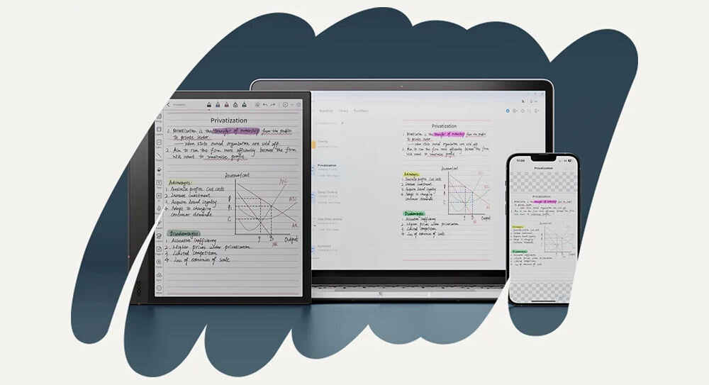 Czytnik e-booków ONYX BOOX Note Air 4 C 10.3 cala, Podświetlany ekran, Wi-Fi, Bez reklam Czarny prezentacja czytnika z otwartym plikiem obok laptop i smartfon z tym samym plikiem granatowo-beżowe tło 26 formatów plików centrum pracy instalacja aplikacji z Google Play
