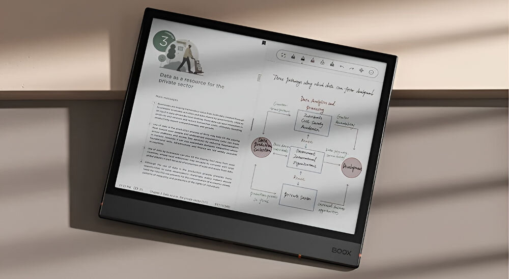 Czytnik e-booków ONYX BOOX Note Air 4 C 10.3 cala, Podświetlany ekran, Wi-Fi, Bez reklam Czarny prezentacja czytnika z włączonym plikiem na beżowo-brązowym tle z poświatą światła ergonomia pracy z plikami PDF system nawigacji szybkie przechodzenie między stronami obsługa hiperłączy dodawanie adnotacji kontrola nad strukturą