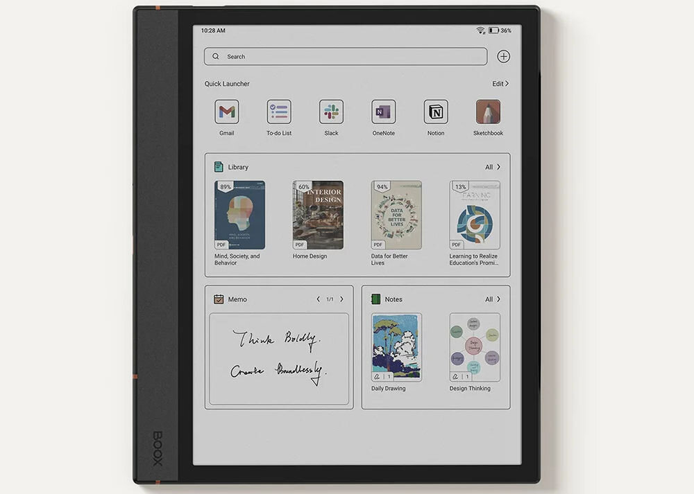 Czytnik e-booków ONYX BOOX Note Air 4 C 10.3 cala, Podświetlany ekran, Wi-Fi, Bez reklam Czarny prezentacja czytnika od przodu na jasnym tle z włączonym ekranem Smart Scribe automatyczne rozpoznawanie pisma ręcznego integracja treści z wielu źródeł efektywne planowanie pracy