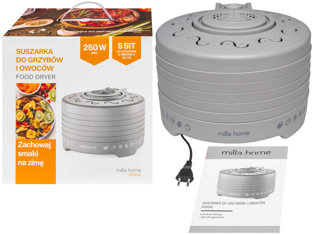 Suszarka do grzybów MILLA HOME FD101E Zestaw suszarki do żywności Milla Home FD101E: opakowanie kartonowe ze specyfikacją (250W, 5 sit) i zdjęciem, obok rozłożona suszarka z kablem zasilającym oraz instrukcja obsługi.