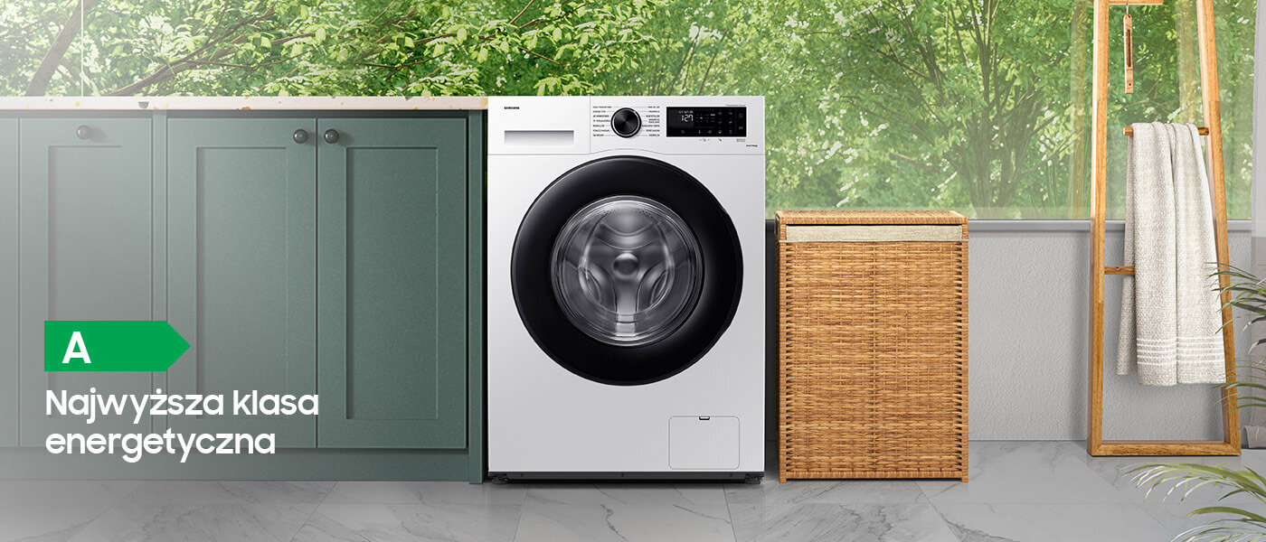 Biała pralka EcoBubble AI Energy w domowej pralni Biała pralka EcoBubble AI Energy WW80CGC04DAE marki Samsung w domowej pralni