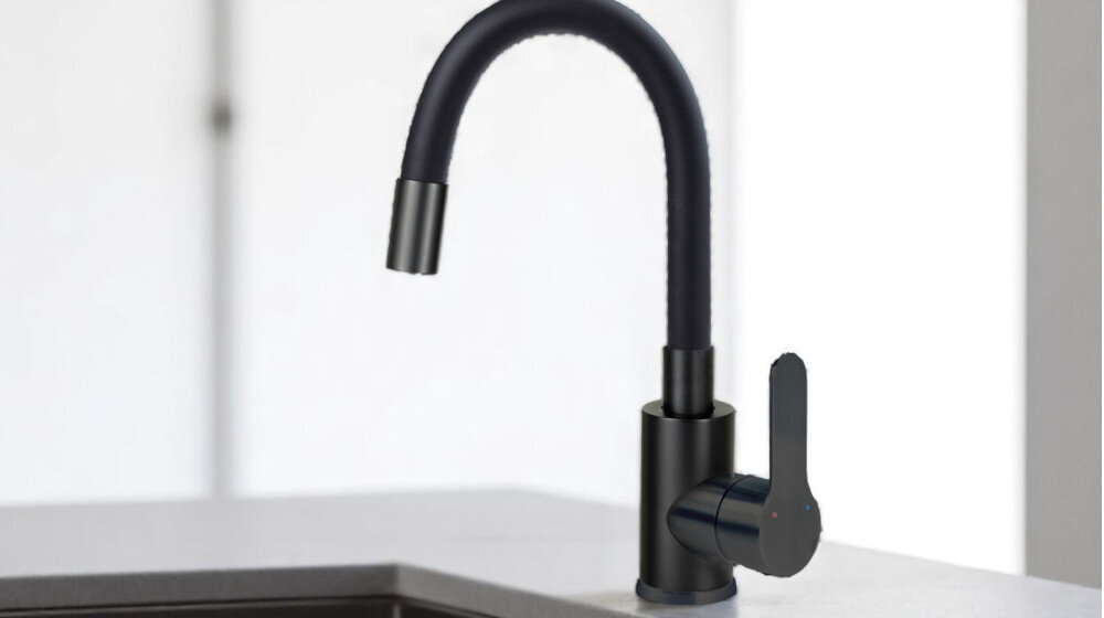 BATERIA KUCHENNA DEANTE Lupo BLU N24M zdjęcie lifestyle kuchnia blat zlewozmywak stal brąz wykończenie trwałość estetyka wygląd dodatek do kuchni funkcjonalność wygląd kolor czarny chrom