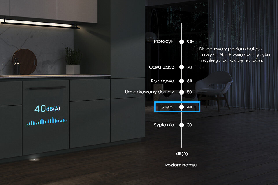 Tryb extra cichy zmywarki Samsung Zmywarka Samsung DW60BG750B00ET w ciemnej kuchni