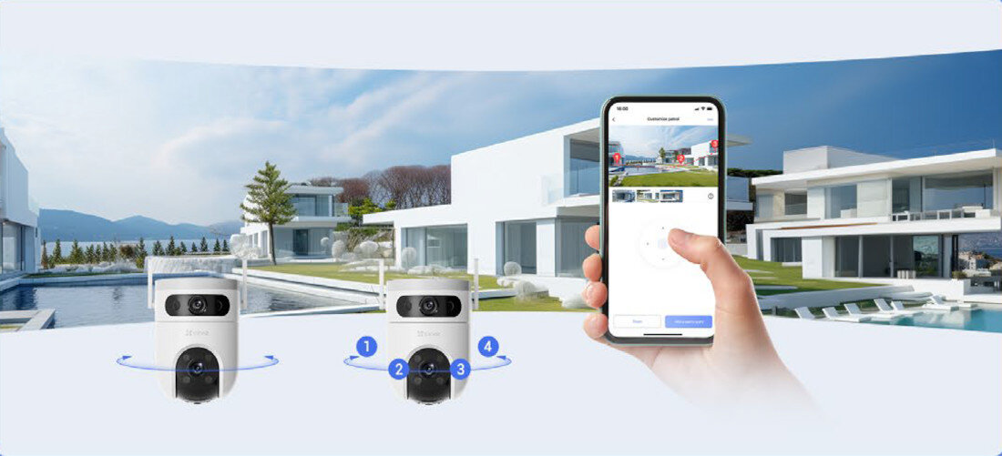Obraz przedstawia dwie kamery EZVIZ H9C Dual 3K oraz rękę trzymającą smartfon z aplikacją do monitoringu. W tle widoczny jest nowoczesny dom z basenem i ogrodem.