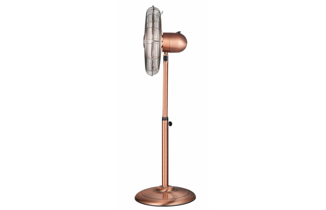 Wentylator KEPLAND Miedziany elegancki wentylator stojący średnica 40 cm moc 50 Wmożliwość regulacji prędkości 3 poziomy funkcja oscylacji równomierne rozprowadzenie powietrza stylowa chromowana kolorystyka urok elegancja rózne pomieszczenia skuteczne chłodzenie estetyczny wygląd