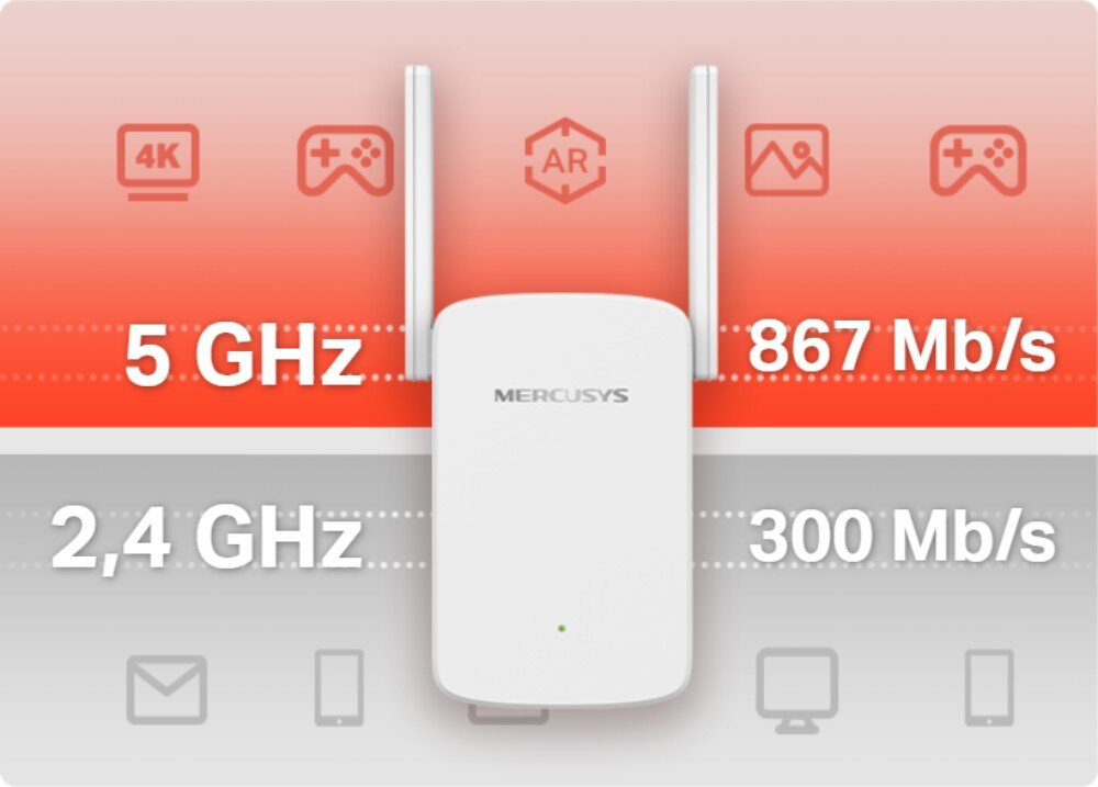 Wzmacniacz sieci MERCUSYS ME30 2.4 / 5 GHz, Wi-Fi 5 (802.11 b/g/n/ac) pasma standard przepustowość