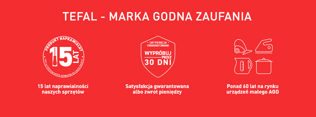 Grafika przedstawia trzy ikony z tekstem na czerwonym tle. Tekst: \'TEFAL - MARKA GODNA ZAUFANIA\', \'15 lat naprawialności naszych sprzętów\', \'Satysfakcja gwarantowana albo zwrot pieniędzy\', \'Ponad 60 lat na rynku urządzeń małego AGD\'.