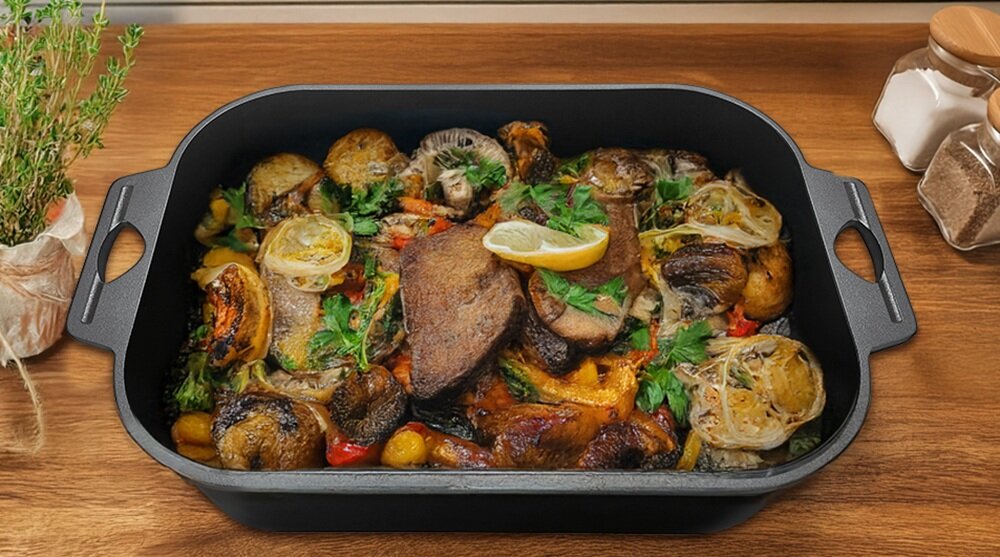 Brytfanna SMILE SBR-3 od góry, przygotowanie posiłku, cyrkulacja płynów i tłuszczu