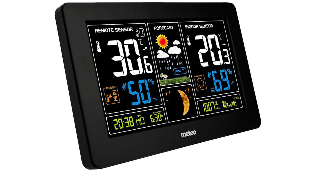 Stacja pogody METEO SP69 Wskaźnik komfortu warunki wartości temperayura wilgotność informacja fazy księżyca zdrowie samopoczucie