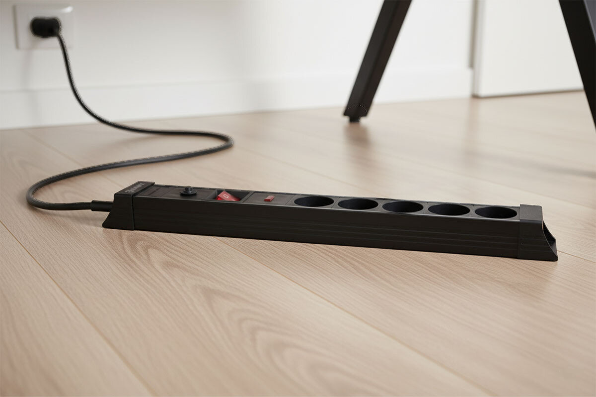 Listwa HAWK HWPS502BK (1.5 m) Czarny, zasilanie, ochrona, listwa, czarna, listwa podłączona do kontaktu leży na podłodze w pokoju