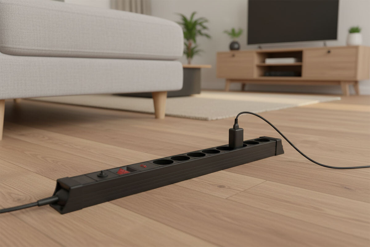 Listwa HAWK HWPS801BK (1.5 m) Czarny, zasilanie, ochrona, listwa, czarna, listwa podłączona do kontaktu leży na podłodze w pokoju