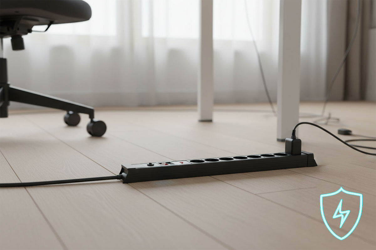 Listwa HAWK HWPS801BK (1.5 m) Czarny, ochrona, przepięcia, bezpieczeństwo, elektronika, listwa leży na podłodze drewnianej, w tle logotyp ochrony przed prądem