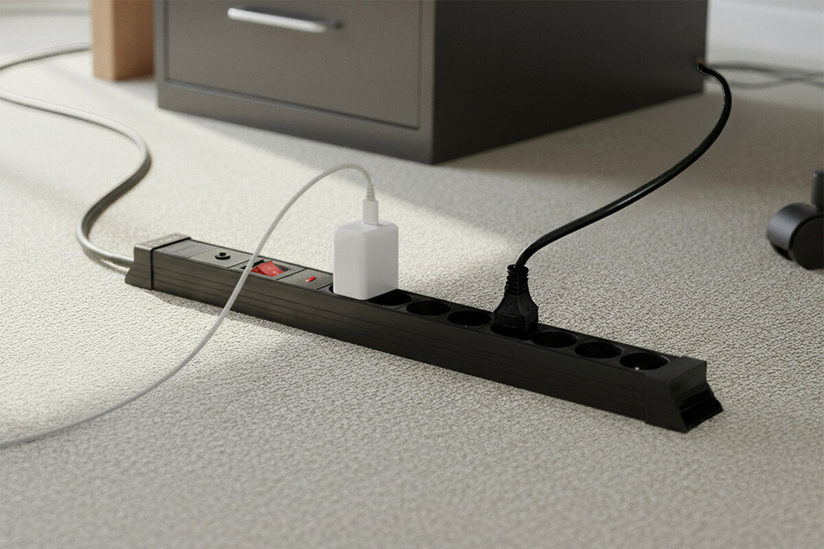 Listwa HAWK HWPS801BK (1.5 m) Czarny, gniazda, uziemienie, porządek, biuro, w tle dziecko i logotyp ochrony dziecka, na pierwszym planie część listwy