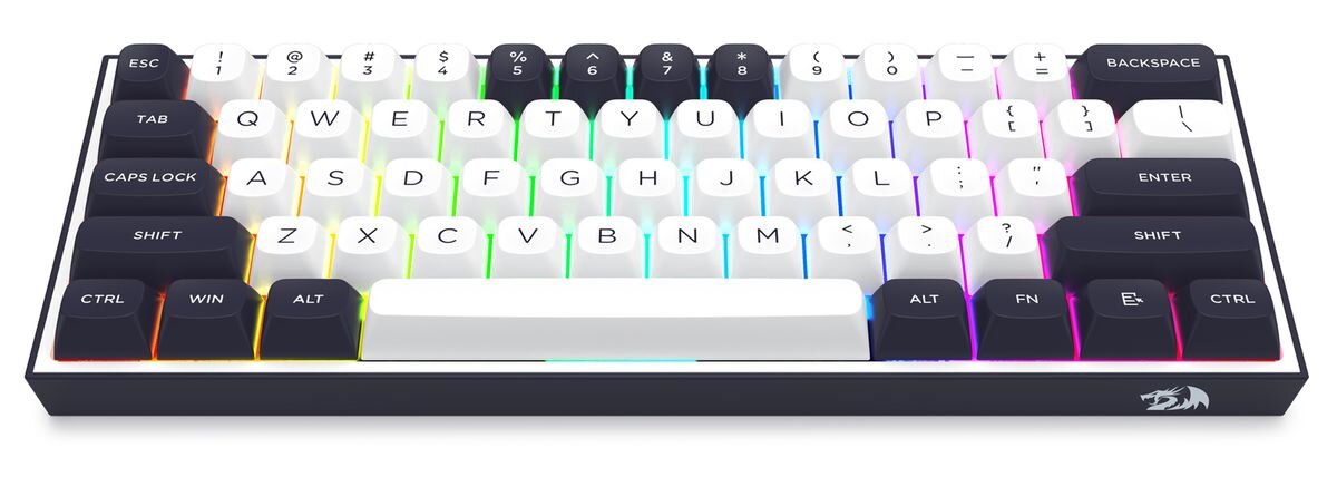 REDRAGON K717WB-RGB-PRO Alcor Redragon ALCOR QMK K717WB-RGB-PRO bezprzewodowa klawiatura mechaniczna 60% oprogramowania QMK/VIA  smarowane fabrycznie przełączniki RPC trwałe nakładki XDA - klawiatura od przodu na białym tle
