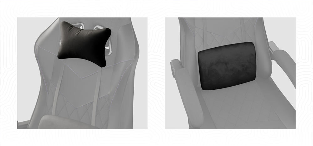 Fotel FURY Shinai S2 Czarny zbliżenie na poduszki na białym tle z geometrycznymi kształtami poduszka lędźwiowa z pianki Memory Foam odciążenie kręgosłupa swoboda ruchu komfort siedzenia tkanina eko skóra