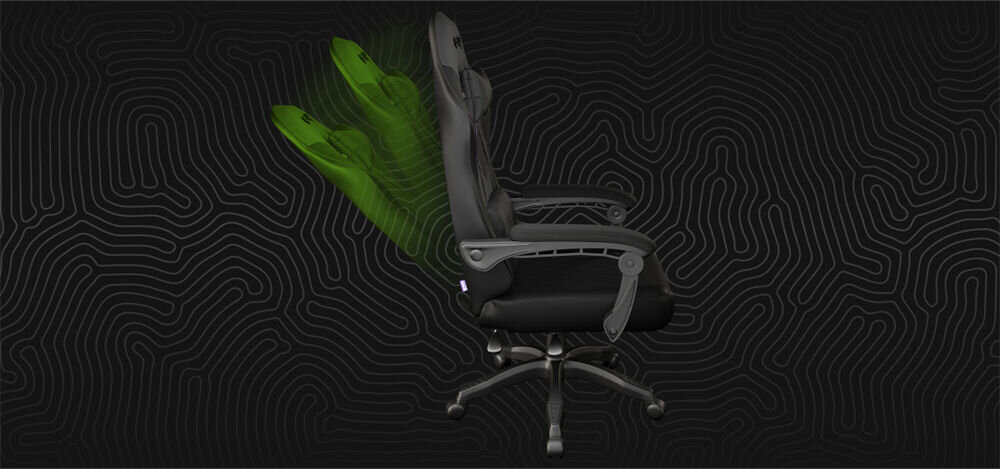 Fotel FURY Shinai S2 Czarny zbliżenie na siłownik pokazanie jego regulacji na ciemnym tle z geometrycznymi kształtami zgrabna sylwetka mechanizm regulacji oparcia dopasowanie pozycji wypełnienie z pianki o dużej gęstości miękkie podłokietniki