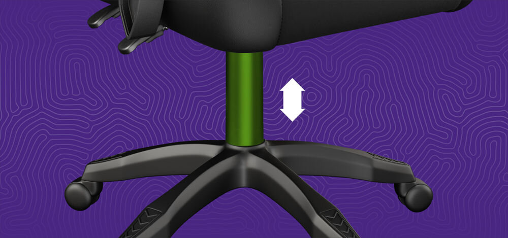 Fotel FURY Shinai S2 Czarny pokazanie możliwej regulacji oparcia na czarnym geometrycznym tle wytrzymały podnośnik gazowy gumowane kółka płynne przesuwanie się