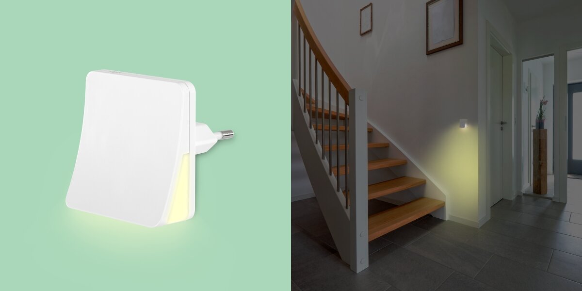 Lampka nocna HAMA Edge z czujnikiem zmierzchu, Ciepłe, komfort, widoczność, delikatność, Lampka do kontaktu i oświetlenie klatki schodowej.