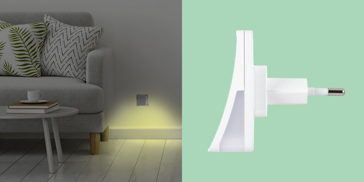 Lampka nocna HAMA Edge z czujnikiem zmierzchu, LED, oszczędność, trwałość, wydajność, Oświetlenie w salonie oraz widok urządzenia z profilu.