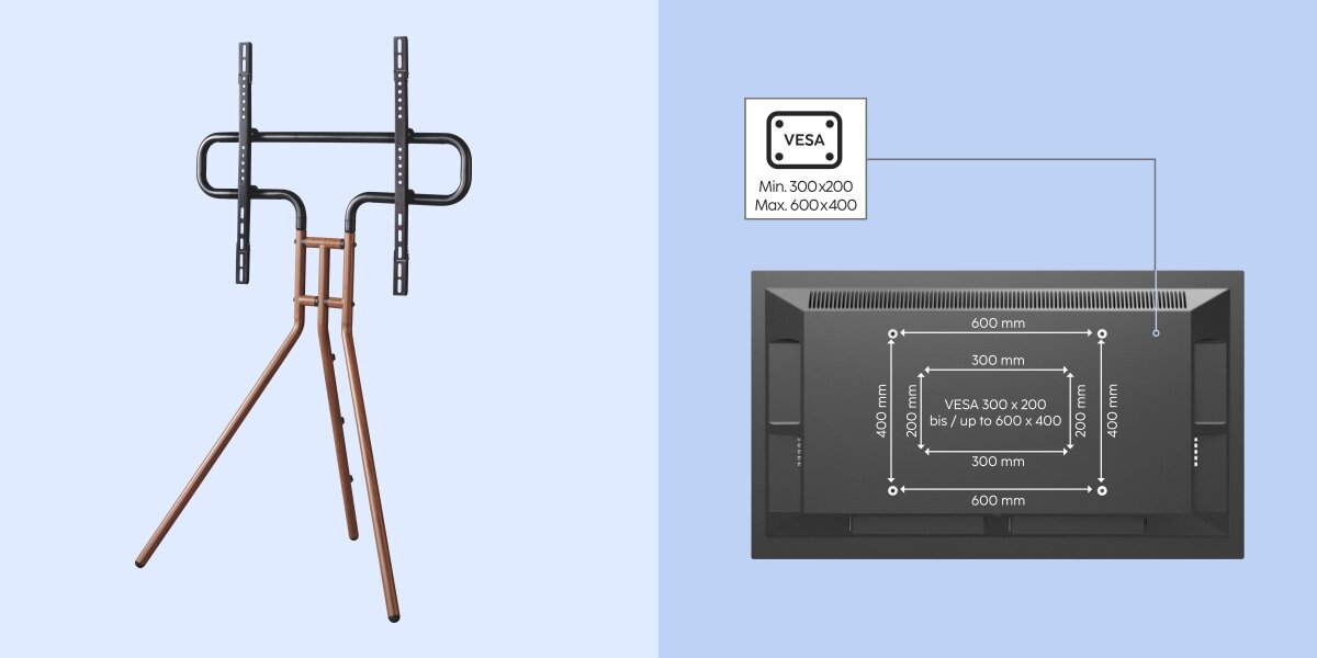 Stojak podłogowy HAMA do TV 37-75 cali 220872 Czarno-brązowy Wolnostojący stojak TV oraz schemat standardów VESA od 300x200 do 600x400 mm na tylnej obudowie telewizora.