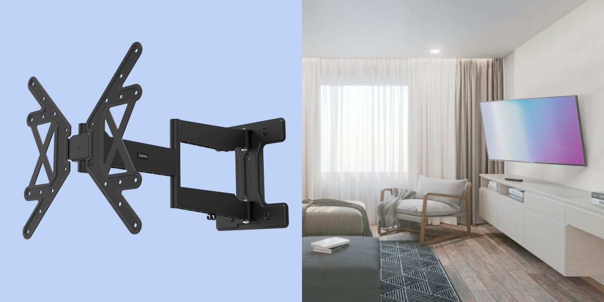Uchwyt HAMA do TV 32-65 cali Fullmotion 220853 - Wszechstronna funkcjonalność, Długi, zwrotny wysięgnik, telewizor zawieszony na uchwycie skierowany pod skosem
