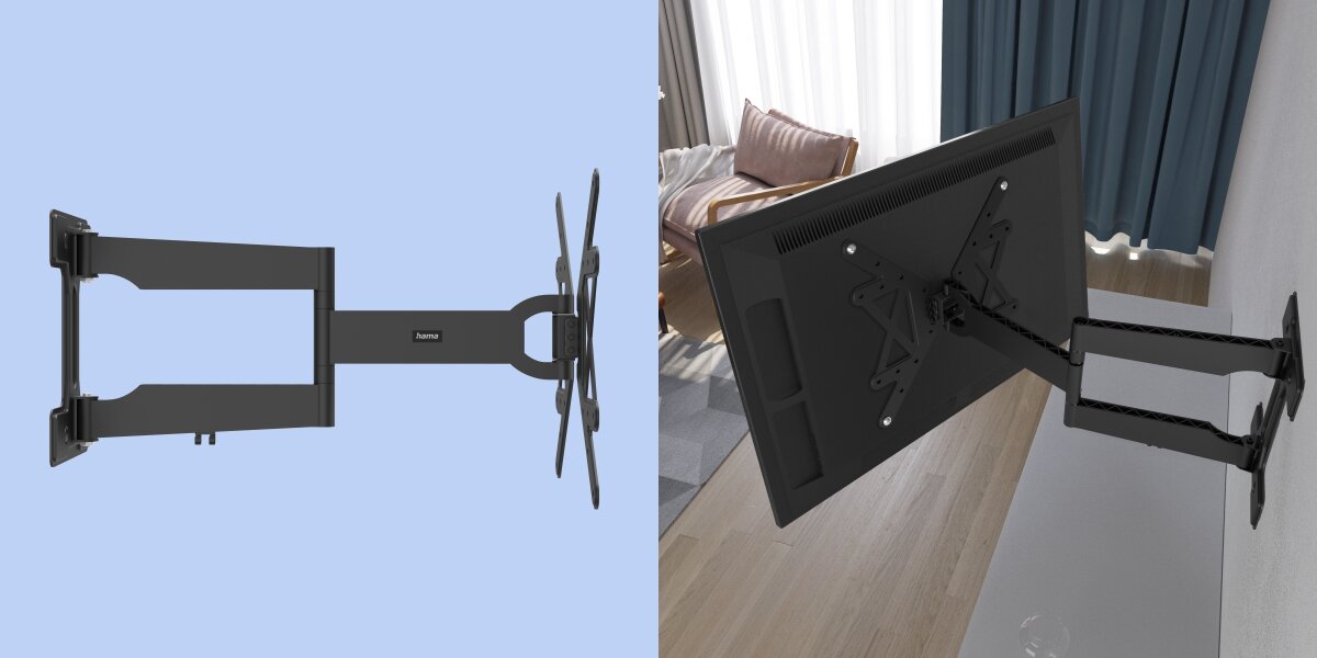 Uchwyt HAMA do TV 32-65 cali Fullmotion 220853 - mobilność, szeroki zakres ruchu, telewizor zawieszony na uchwycie skierowany pod skosem