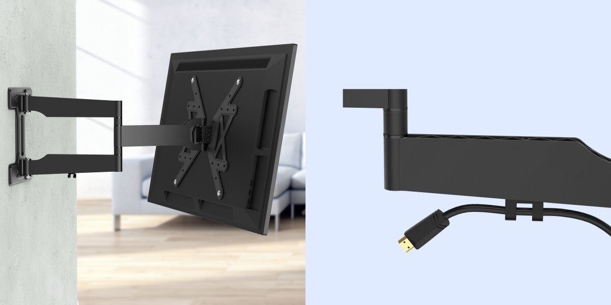 Uchwyt HAMA do TV 32-65 cali Fullmotion 220853 - Praktyczne prowadzenie kabli, telewizor zawieszony na uchwycie skierowany pod skosem