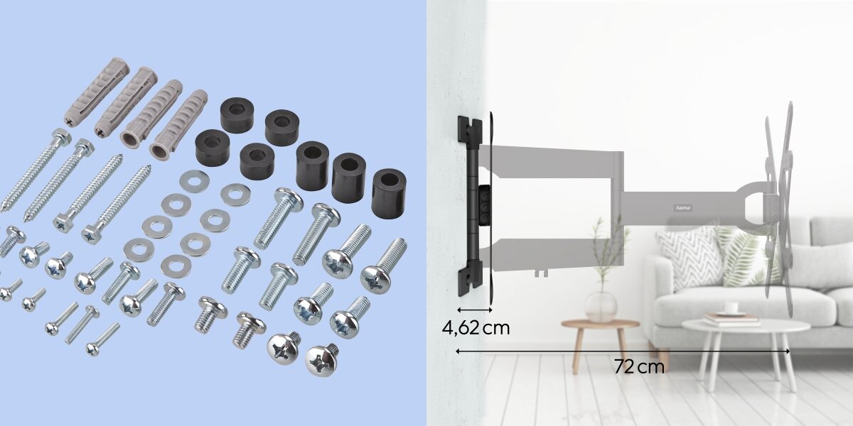 Uchwyt HAMA do TV 32-65 cali Fullmotion 220853 - Bezpieczna konstrukcja, Easy-Fix, korekta ustawienia, zestaw montażowy na niebieskim tle