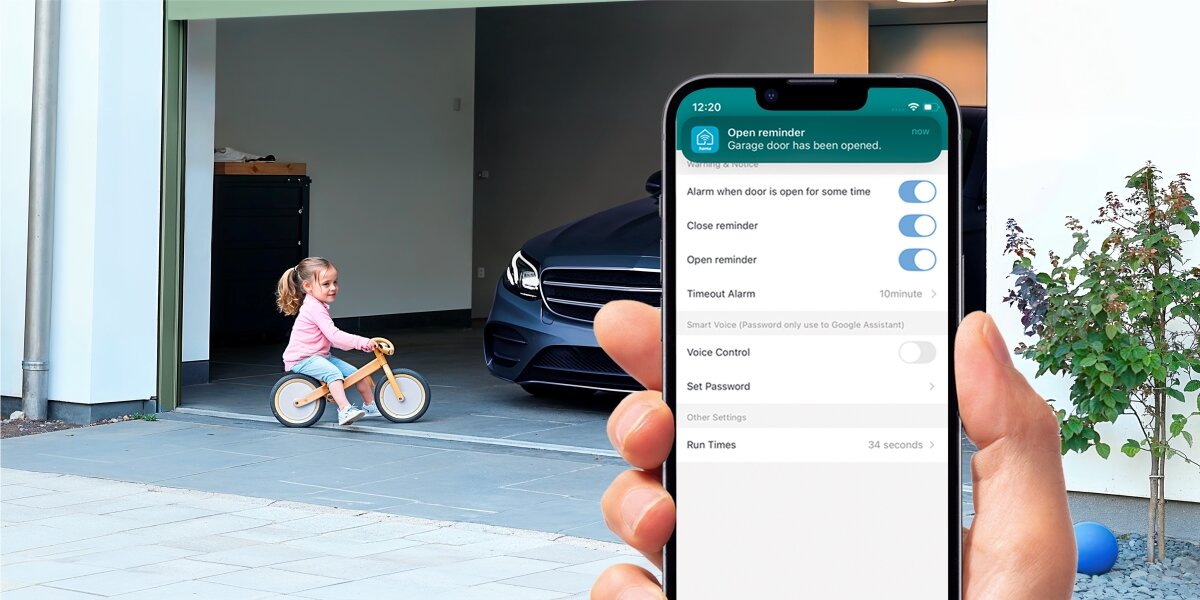 Sterownik bramy garażowej HAMA Smart WiFi, brama, sterowanie, wygoda, komfort, Powiadomienie na telefonie o otwarciu bramy, w tle otwarty garaż z dzieckiem na rowerku.