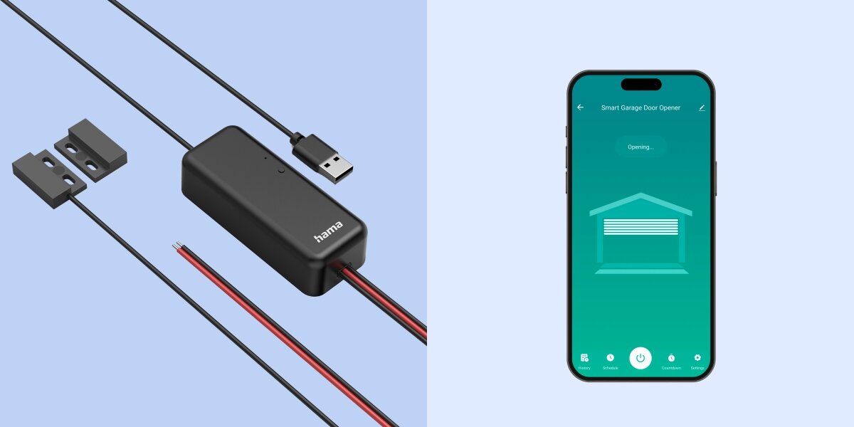 Sterownik bramy garażowej HAMA Smart WiFi, aplikacja, smartfon, napęd, posesja, Zestaw sterownika Hama z kablami oraz smartfon z aplikacją otwierającą bramę garażową.