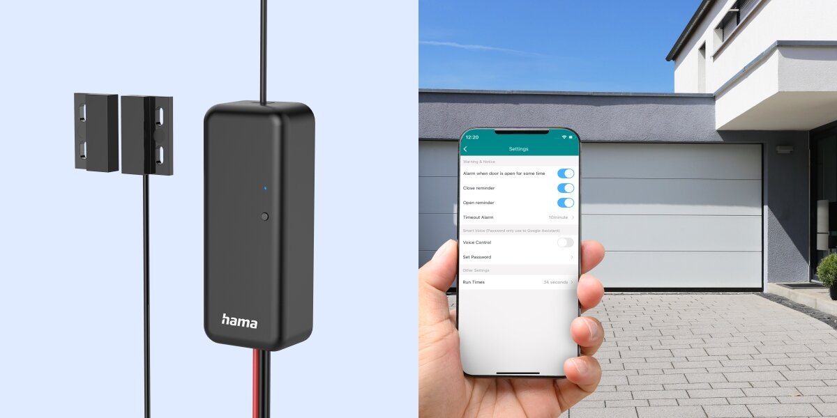 Sterownik bramy garażowej HAMA Smart WiFi, powiadomienia, ostrzeżenie, historia, kontrola, Elementy sterownika oraz smartfon z ustawieniami powiadomień na tle bramy garażowej.
