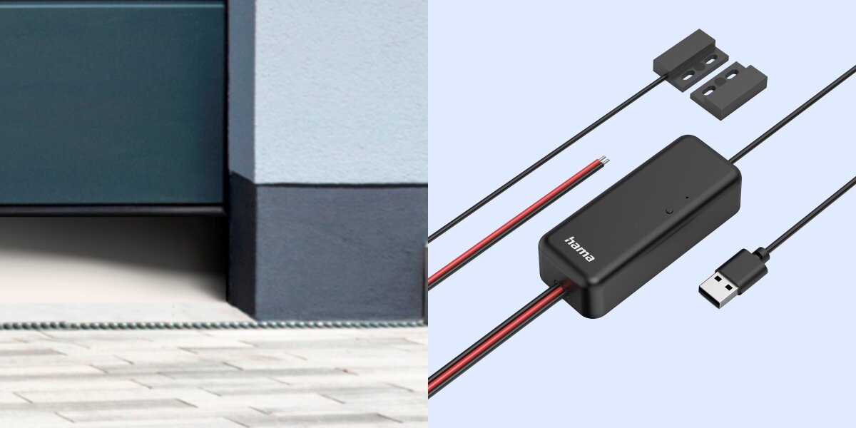 Sterownik bramy garażowej HAMA Smart WiFi, harmonogram, geofencing, temperatura, pogoda, Detal uchylonej bramy garażowej oraz widok na moduł sterujący Hama z okablowaniem.