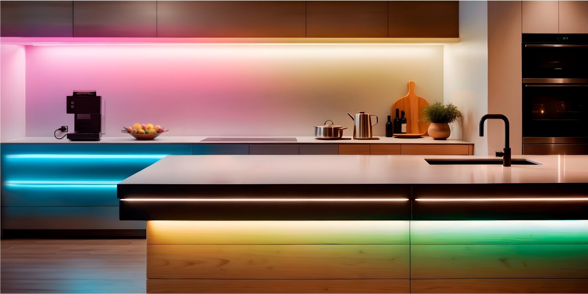 Nowoczesna kuchnia z oświetleniem LED w różnych kolorach, zamontowanym pod szafkami i blatem. Na blacie znajdują się ekspres do kawy, miska z owocami, garnki i deska do krojenia z rośliną.