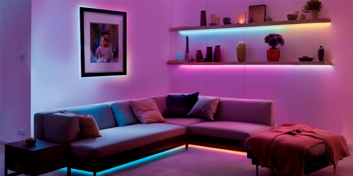 Pokój dzienny z nowoczesnym wystrojem, w którym oświetlenie LED w różnych kolorach podkreśla półki i kanapę. Na ścianie wisi obraz, a na półkach znajdują się różne dekoracje i rośliny.