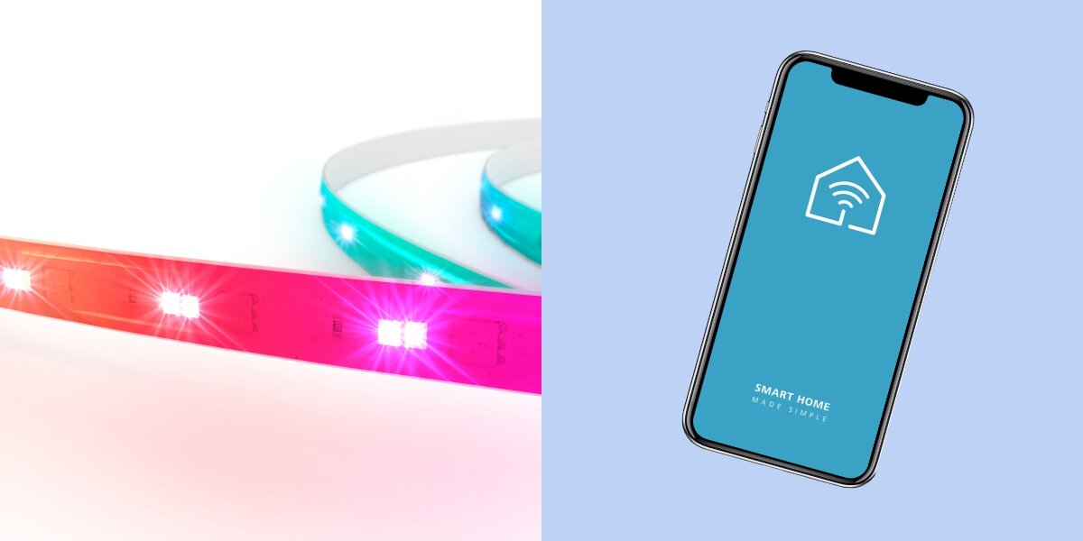 Obraz przedstawia taśmę LED świecącą różnymi kolorami oraz smartfon z niebieskim ekranem i ikoną domu z sygnałem Wi-Fi. Na ekranie telefonu widnieje napis \'SMART HOME\'.