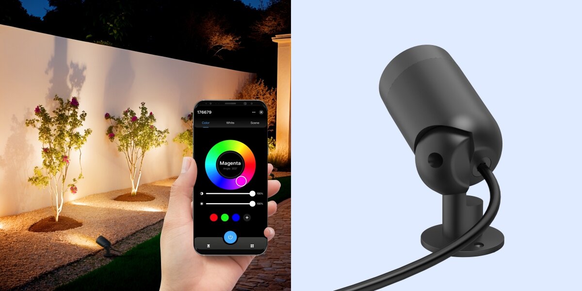 Lampa ogrodowa HAMA 00176679 Wi-fi, aplikacja, głosowo, Matter, integracja, Sterowanie kolorem światła przez aplikację oraz zbliżenie na tył obudowy lampy.